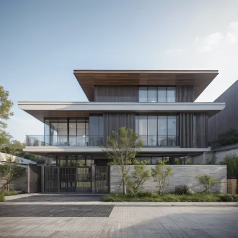 raw photo, exterior of white modern house, dark wood, (road:1.3), (sidewalk:1.3), (sidewalk trees:1.3), (residences area:1.4), (...