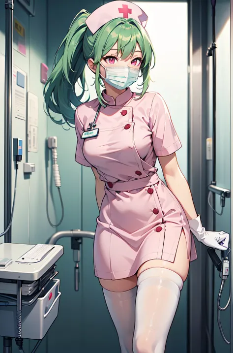 1girl, solo, nurse, nurse cap, white nurse uniform, ((white legwear, zettai ryouiki)), white gloves, ponytail, green hair, pink eyes, ((white surgical mask, covered nose)), standing, ((hospital room)), sharp outline, short sleeves, best quality, masterpiec...