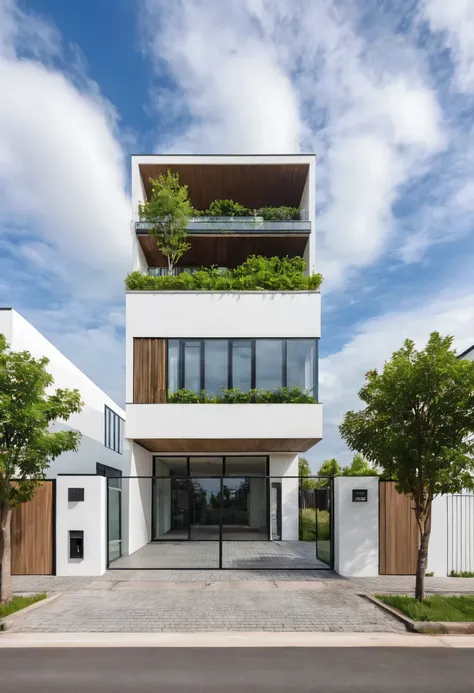 Raw photo,Masterpiece, high quality, best quality, authentic, super detail,
outdoors, house style modern,bietthuhn, white wall, glass windows, gate
road,pavement, grass, trees, sky, cloud, (day:1.1),