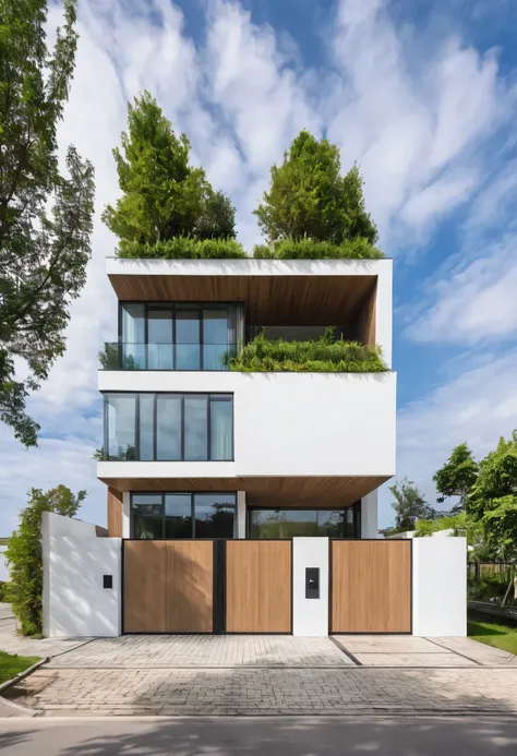 Raw photo,Masterpiece, high quality, best quality, authentic, super detail,
outdoors, house style modern,bietthuhn, white wall, glass windows, gate
road,pavement, grass, trees, sky, cloud, (day:1.1),