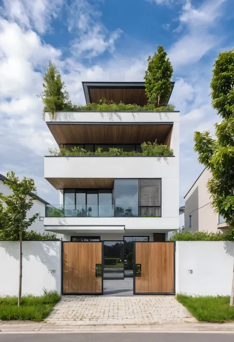 Raw photo,Masterpiece, high quality, best quality, authentic, super detail,
outdoors, house style modern,bietthuhn, white wall, glass windows, gate
road,pavement, grass, trees, sky, cloud, (day:1.1),