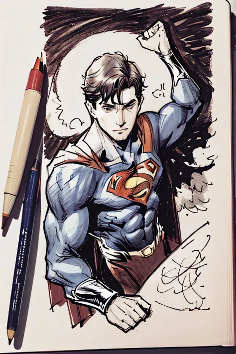 a doodle of superman, less detailing, a lot of errors, over lining, messy, drawn in a sketch book,  no shading, no blending, no ...