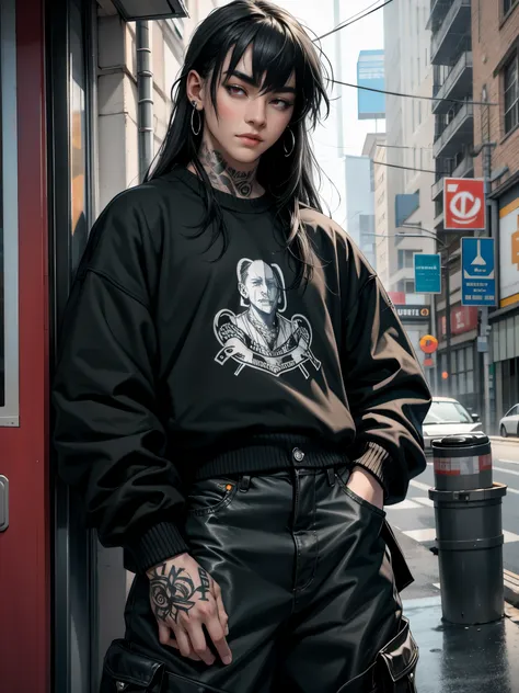 a photo of henrik sanyi, he is a delicate 20-year-old boy, fair skin, long black hair with bangs, piercings, tattoos, thick thig...