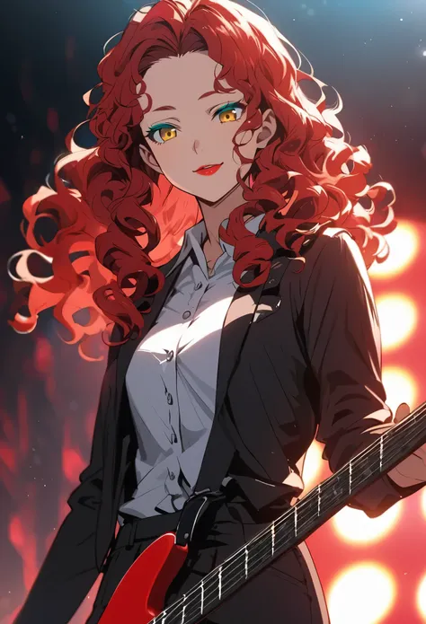 anime, real, 1 girl,30 years old,medium hair,((perm)),wavy hair,red hair,forehead,very curly hair,aqua eyeshadow,yellow eyes, tsurime,narrow eyes,red lips,Confident expression,light smile,calm,black jacket,white shirt,collared shirt,Unbutton the top button...