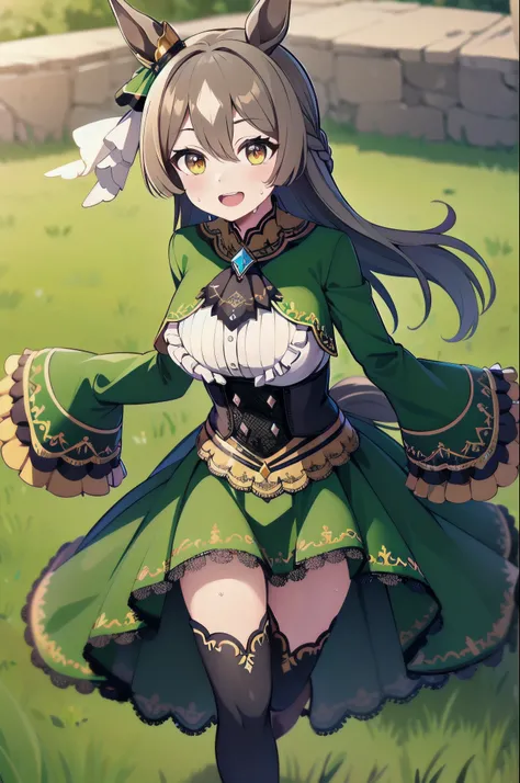 masterpiece, best quality, highres, aasato, long hair, half updo, braid, hair between eyes, animal ears, ear ornament, horse tail, breasts, frills, black ascot, green dress, (sleeves past wrists:1.2), black thighhighs, field, grass, (running:1.1), smile, o...