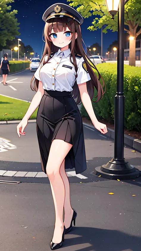 {highest quality], [Super beautiful], [Ultra fine], [Best illustration], NSFW,Brown Hair, Hime cut, Long Hair, With bangs, girl, Uniform cap,Security uniform, smile, blush, Slender women,Short sleeve,Long straight skirt, Adult women,walk,(Public）Night Park...