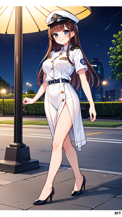 {highest quality], [Super beautiful], [Ultra fine], [Best illustration], NSFW,Brown Hair, Hime cut, Long Hair, With bangs, girl, Uniform cap,Security uniform, smile, blush, Slender women,Short sleeve,Long straight skirt, Adult women,walk,(Public）Night Park...