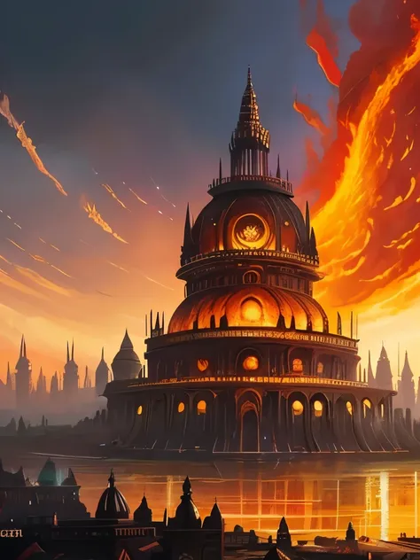 a painting of a large building with a fire in the middle, kaladesh concept art. mechanical, magic the gathering art, marc simonetti. intricate, an ancient city on fire, magic the gathering card art, magic : the gathering art, magic the gathering concept ar...