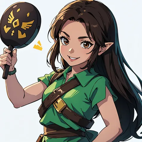 A woman, with cosplay of Link, greeting smiling, brown eyes, open hand, black long hair, sketch art, sticker, white background, character from the legend of zelda