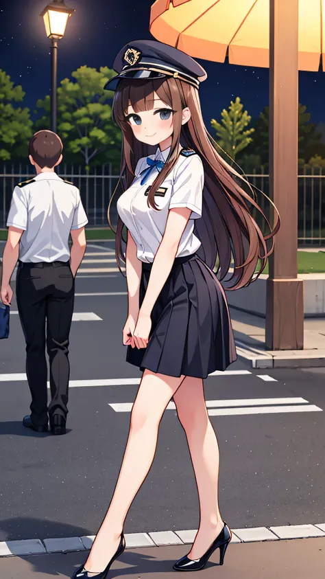 {highest quality], [Super beautiful], [Ultra fine], [Best illustration], NSFW,Brown Hair, Hime cut, Long Hair, With bangs, girl, Uniform cap,Security uniform, smile, blush, Slender women,Short sleeve,Long straight skirt, Adult women,walk,(Public）Night Park...