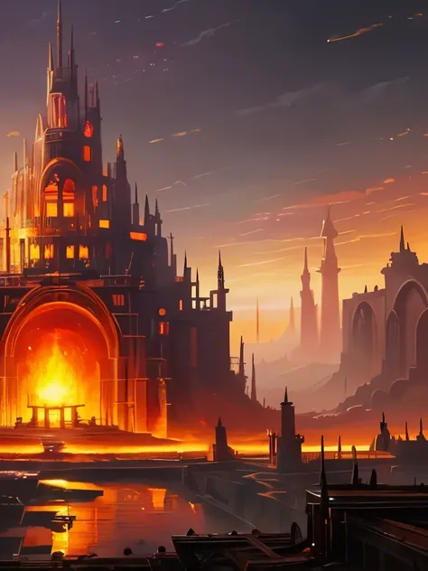 a painting of a large building with a fire in the middle, concept art by Noah Bradley, cgsociety contest winner, fantasy art, kaladesh concept art. mechanical, magic the gathering art, marc simonetti. intricate, an ancient city on fire, magic the gathering...