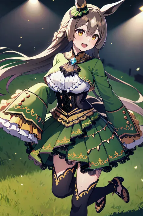 masterpiece, best quality, highres, aasato, long hair, half updo, braid, hair between eyes, animal ears, ear ornament, horse tail, breasts, frills, black ascot, green dress, (sleeves past wrists:1.2), black thighhighs, field, grass, (running:1.1), smile, o...