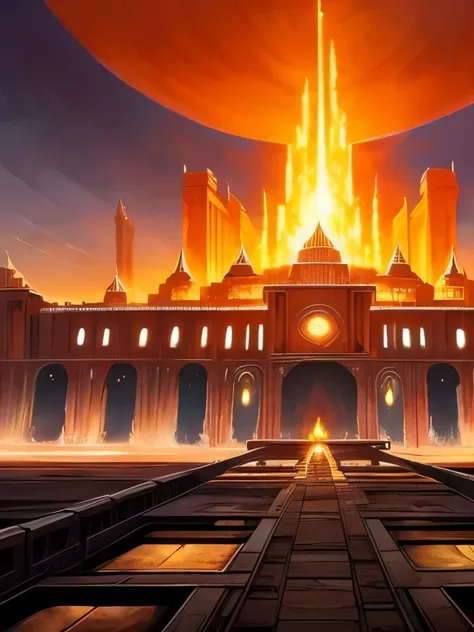 a painting of a large building with a fire in the middle, concept art by Noah Bradley, cgsociety contest winner, fantasy art, kaladesh concept art. mechanical, magic the gathering art, marc simonetti. intricate, an ancient city on fire, magic the gathering...