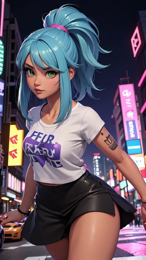 Image in 3D that captures a scene with a woman with tan skin, with long, straight blue hair, with dark green eyes, wearing a violet t-shirt, in a cyberpunk city with blue and pink LED lights, with a tattoo on her thigh.