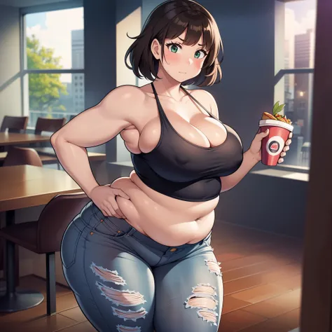 ((highres)), Masterpiece, high quality, best quality, beautiful, perfect lighting, detailed face, ultra cute face, ((1girl)), ((blush)), ((blush)), nervous, looking at viewer, skindentation, short brown hair, green eyes, jeans, tank top, thight clothes, fu...