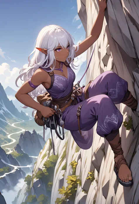 close-up shot of a woman in a purple dress climbing a mountain,rock climbing，brown skin，skin details，white long hair，palms resti...