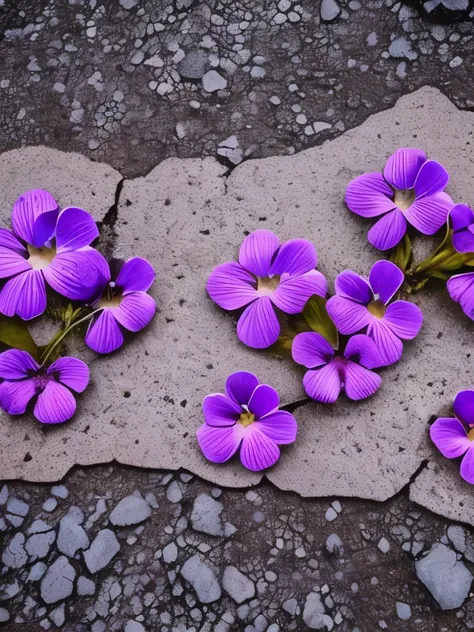 purple flowers growing on cracked concrete in a garden, a picture by Samuel Birmann, unsplash, land art, cracked earth, patchy flowers, soft cracks, fissures, floral growth, cracked mud, crumbling, beautiful aesthetic, surreal waiizi flowers, cracked, dese...