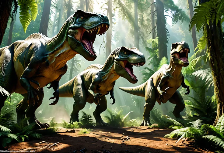 The scene takes place during the Jurassic era, where two T-Rex males compete to conquer the heart of their female. The two male T-Rexes, with impressive musculature and sharp teeth, approach the beauty with caution. The leaves of the immense trees give off...