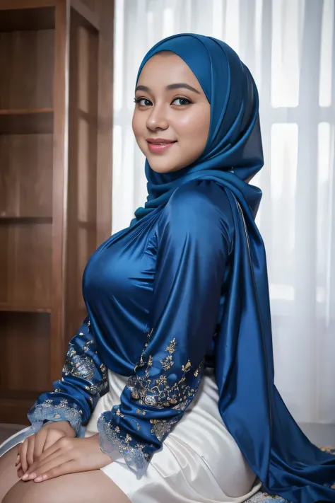 beautiful, cute baby face, 16 years old russian muslim girl, (wearing blue hijab), full hijab, sexy long sleeves kebaya dress, s...