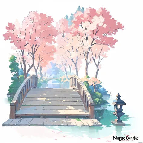 There is a painting，There is a bridge in the painting，Bridge with pond and trees, Anime beautiful peaceful scene, anime background technology, beautiful Anime Landscape, Anime Landscape, Landscape Artwork, background technology, Anime Landscape concept art...