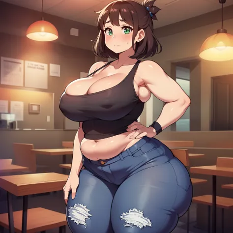 ((highres)), Masterpiece, high quality, best quality, beautiful, perfect lighting, detailed face, ultra cute face, ((1girl)), ((blush)), ((blush)), nervous, looking at viewer, skindentation, short brown hair, green eyes, jeans, tank top, thight clothes, fu...