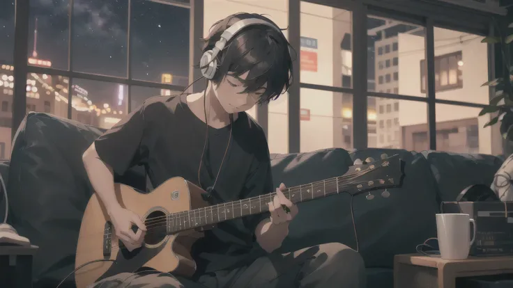 A boy with headphones playing the guitar while looking at the night view