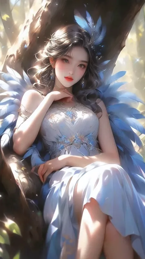 arafed woman in a dress sitting on a tree with feathers, beautiful fantasy maiden, beautiful maiden, beautiful fantasy art, beautiful young wind spirit, girl with feathers, inspired by Magali Villeneuve, fantasy art style, fantasy art behance, beautiful fa...