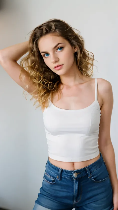 (Cute tween fashion model:1.5), full body, studio light, skinny, thin, slim, lean, slender, tight waist, nubile, posing for picture, wavy blonde hair, blueeyes, natural lighting, armpits, perfect lips, fat lower lip, young, youthful, teen, teenager, superm...