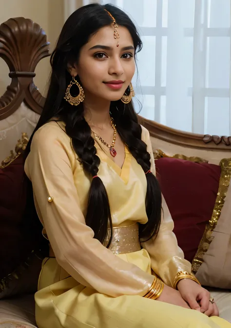 A young woman in a beautiful yellow and pink traditional Indian outfit, sitting on a couch, looking at the camera with a smile on her face. The image has a soft and dreamy feel to it. The womans hair is long and flowing, and she is wearing intricate jewelr...