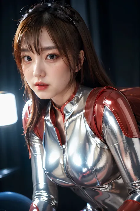 Ultraman、realistic、realistic、cinematic lighting, Girl in a shiny red and silver suit、15 years old、professional photos、Don&#39;Do not expose your skin, japanese model, japanese cgi、Ultraman Suit、, Power Rangers Suit、tight and thin cyber suit,Whole body rubb...