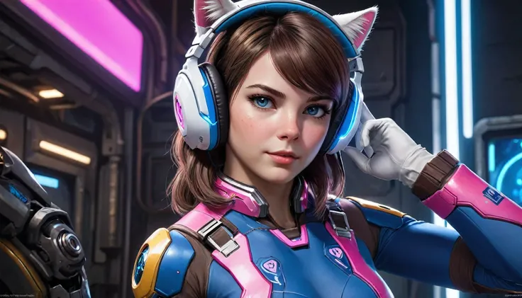 (best quality, 4k, 8k, highres, masterpiece:1.2), ultra-detailed, (realistic, photorealistic, photo-realistic:1.37), 1girl, mech pilot, d.va, headphones, pink eyes, blue tights, brown hair, white gloves, cat face adornment, intricate details, cinematic lig...