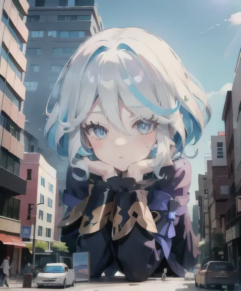 1 Girl,Shy,barefoot,white blue hair,blue eyes,Lying on the planet,line-up,line-upGiga,Dense urban buildings,line-upCity,look up