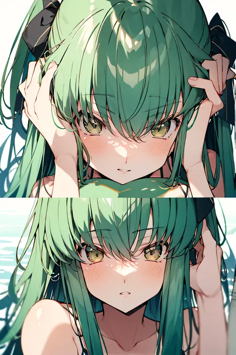 Seaside、White fluffy bikini、solo、Make your face clear、Green hair color、Cheeks are a little red、The gesture of tucking hair behind the ear