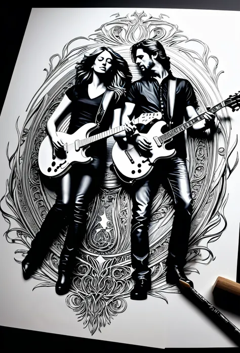 Drawing two 4D figurines of a female guitarist and a male guitarist in stunning and breathtaking uhd ink style, (A man and a woman), holographic effect that seems to come out of the drawing sheet, extremely detailed drawing, hyperRéaliste, sublime details....