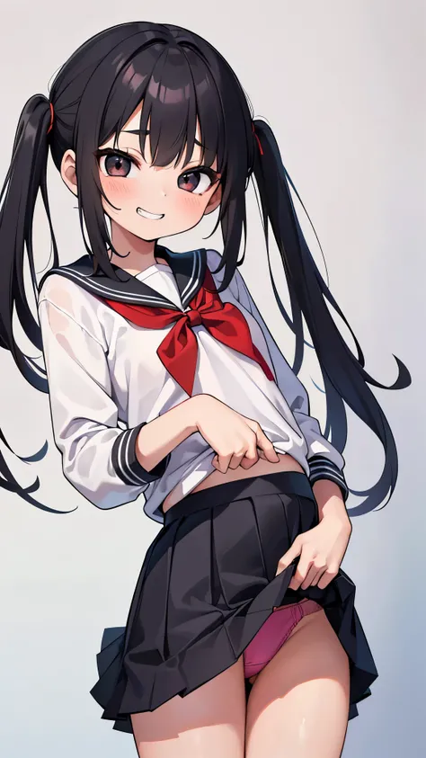 (8k、Best image quality、highest quality、masterpiece)、Detailed face、((1 person))、(((11 years old)))、mesugaki、Black Hair、Twin tails、Black eyes、Wicked Smile、((Red cheeks、Grin))、Small breasts、((school uniform))、((Miniskirt lifted to show panties))、Cowboy Shot、C...