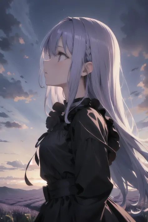 absurdres, highres, (official art, beautiful and aesthetic:1.2), close view,
shining sky, vast world, girl, gazing, awe-inspiring expression, distant horizon, clouds, high hill, natural beauty, inspiration, light effects, lavender hair, black dress