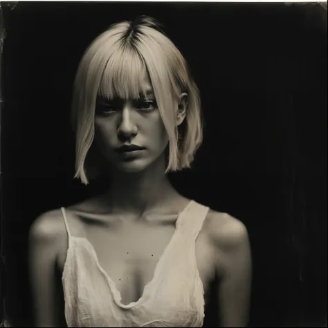 raw photo, analog style, a beautiful 25 year old japanese woman with blonde hair wearing a linen dress, by collodion_photo  (hig...