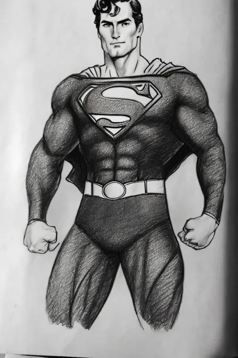 A pencil sketch of superman, less detailing, a lot of errors, over lining, messy, drawn in a square-lined diary, no shading, no blending, no portrait, no light source on face, no pixels