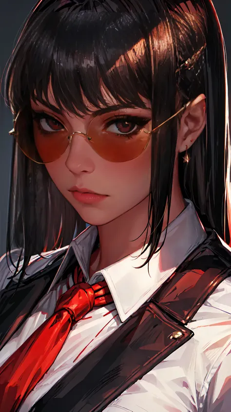 (Masterpiece, Best Quality, Ultra High Resolution) - Portrait format. Close-up . - Fancy woman, with red detailed eyes, in business suit with red tie and white shirt, dark half-rimmed aviator glasses, - The character is half-turned , looking sideways into ...