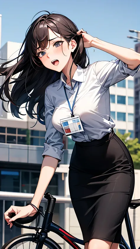 side shot,whole body,bicycle pedaling,office worker,20-year-old women,orgasm:1.3,ahegao:1.3,suit,id card,pencil skirt,look up at...