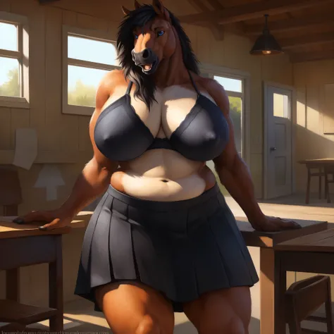 solo, alone, school area, ultra detailed), a beautiful and detailed full size portrait of a female anthro horse, stallion, big body, adult, mature, ((18 yearls old)), fur, black body, black skin, non-mammal breasts, looking at viewer, blue eyes, voluptuous...