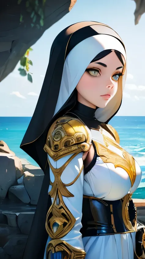 ((raw photo)), ((masterpiece)), anthropomorphic humanoid AngelGirl wearing nuns armor, intricate detail, futobot, intricate Greebles pieces, sea behind, yellow wings, beautiful, detailed eyes and lips