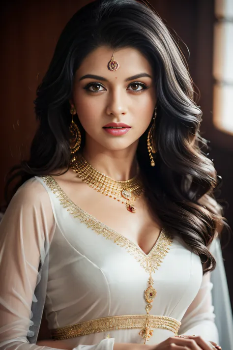 portrait of a confident-looking indian woman, royal princess with long flowing hair, hazel eyes, wearing saaree, sitting in salo...