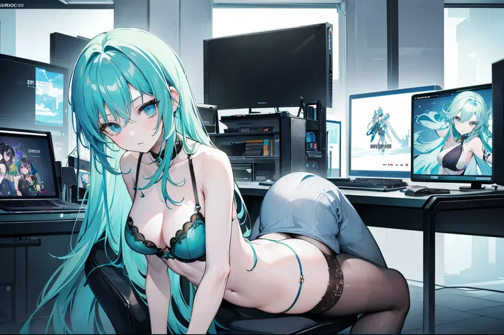 a girl, slim and sexy, pale blue skin, long green hair, in underwear, with her back to the viewer, with her butt pointing at the viewer, in front of a gamer computer, looking at the computer in front of her, not looking at the viewer, without looking back,...