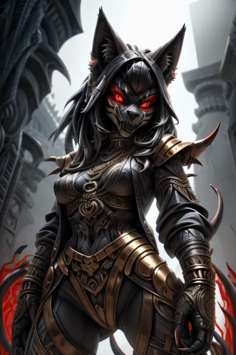 girl, werewolf monster girl, evil look, sexi, claws, demonic armor, facepaint, bodypaint, red glowing eyes, combat stance,  dark...