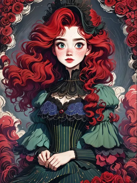 (best quality,masterpiece:1.2,details,4k),(girl, voluminous Red hair,big eyes,small freckles,have),Rose,Goethe,Vaporwave,Transpiration,gas,Steampunk Gothic Victorian style, dark, psychology, Surrealism, sublimation, subconscious, mood, enthusiastic, Red,Bl...