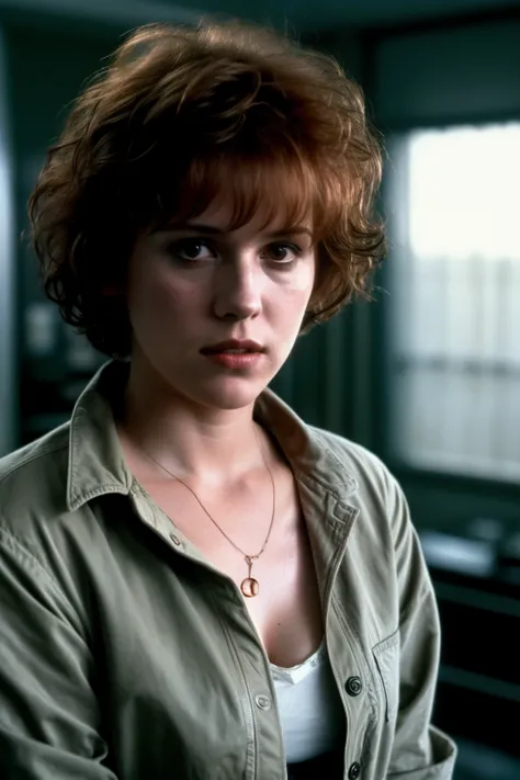 Still of eighteen-year-old Molly Ringwald, messy/shaggy razored/layered haircut with sideswept bangs, bags under eyes, exhausted eyes, undershadowed eyes, copper pocketwatch necklace, dark green jacket with sleeves pushed up, white shirt, jeans, extremely ...