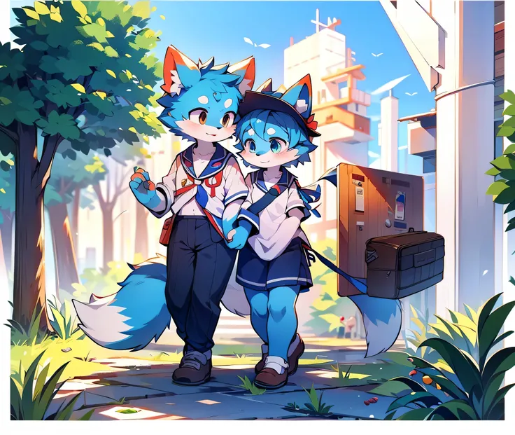 Blue fur, Canine, fox motif, Couple of girls and boys, uniform、Hand in hand，