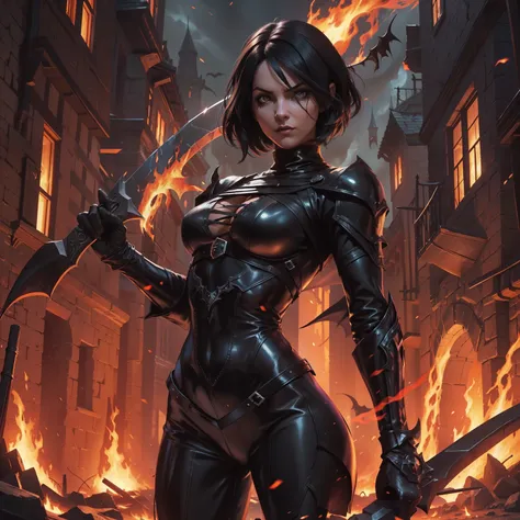 RPG rogue woman, SHADOW Scythe, dynamic fight pose, best quality, concept art, full body bodysuit, realistic portrait, wearing black full body latex bodysuit, black medium short bob hair, night time background, fantasy dnd character, dark fantasy, medieval...