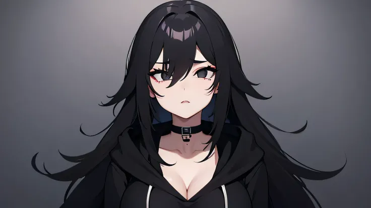 black eyes + black long hair + black nails + black hoodie + Black lipsstick + big breast + tall + black eyelids